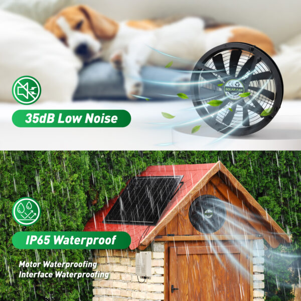 9.8" Solar Exhaust Fan - Waterproof Vent Fan for Greenhouse, Chicken Coop, Shed, Attic built in battery
